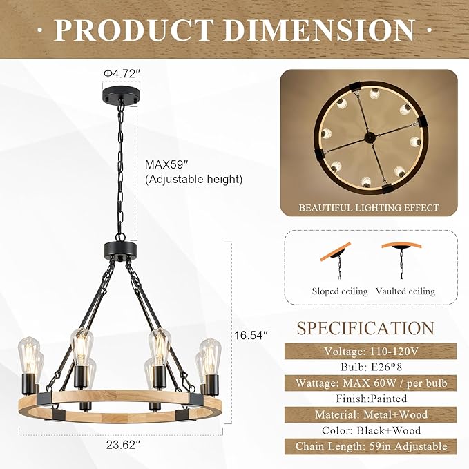 8 Lights Wooden Wagon Wheel Chandelier Natural Farmhouse 23.6'' Black Metal Light Fixtures Rustic Wood Round Chandelier for Living Dining Room Kitchen Entryway Foyer