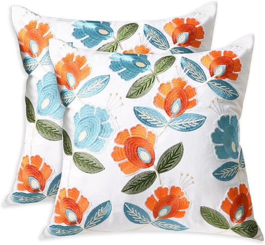 Set of 2 Embroidered Decorative Throw Pillow Covers Couch Square Pillowcases Cushion for Bedroom Sofa Farmhouse Decor 18x18 Inch (Flower)