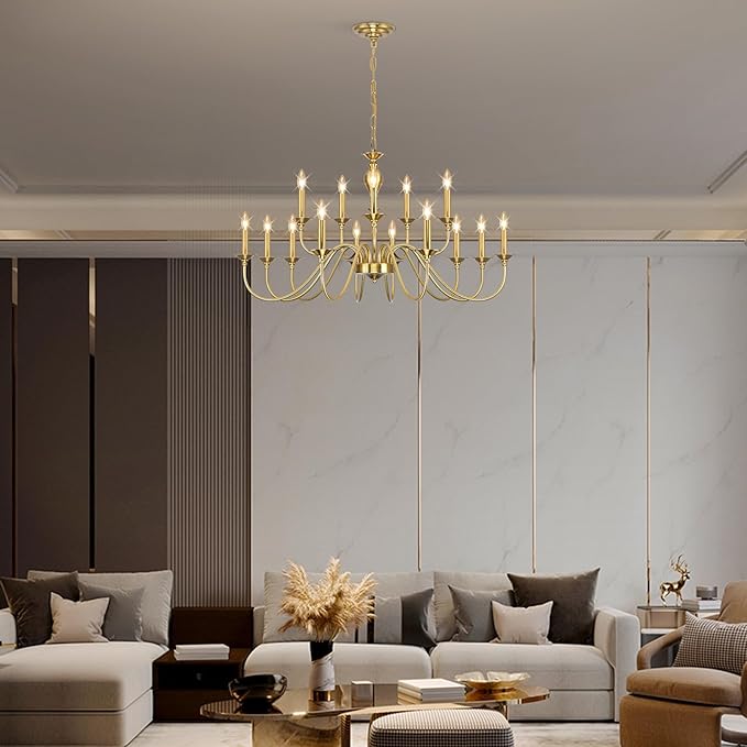 15 Light Gold Chandelier | Large Farmhouse Chandeliers for Dining Room Light Fixtures Over Table | Industrial Candle Hanging Lighting for Foyer | Staircase | Bedroom | Kitchen Island | Restaurants