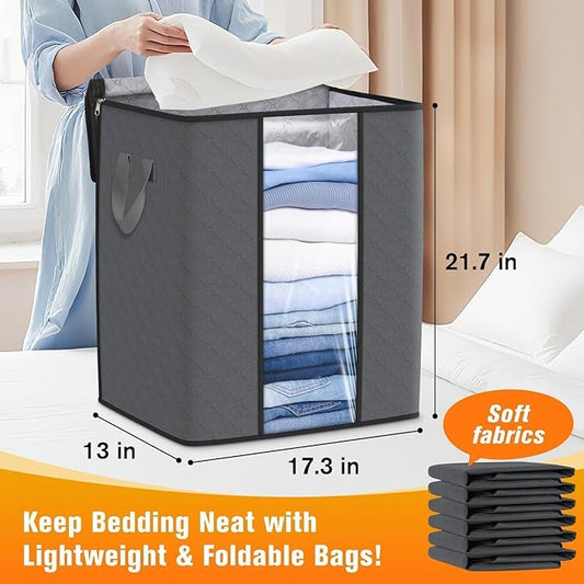 Clothes Storage Bags, 6-Pack Comforter Blanket Organizers, 80L Large Capacity Containers with Visual Window for Clothing, Quilt, Sheet, Pillow, Closet Organization for Bedding (Grey)