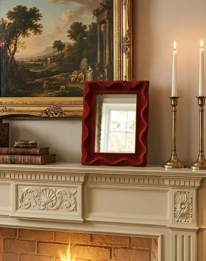 Unique Wall Mirror with Cozy Velvet-Like Touch for Bedroom Decor, 14x12 Funky Decorative Mirrors for Vintage Mid-Century Victorian Home Living Room Office Guest Room (Maroon)