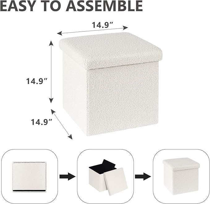 15 Inches Small Storage Ottoman - Square Ottoman with Sherpa Top,Storage Bench for Bedroom,15" L x 15" W x 15" H-White