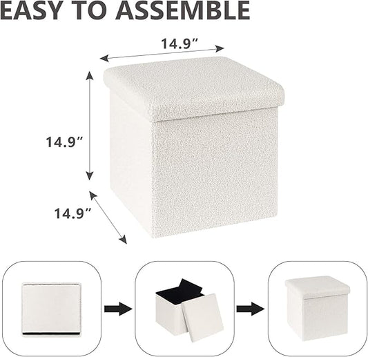 15 Inches Small Storage Ottoman - Square Ottoman with Sherpa Top,Storage Bench for Bedroom,15" L x 15" W x 15" H-White