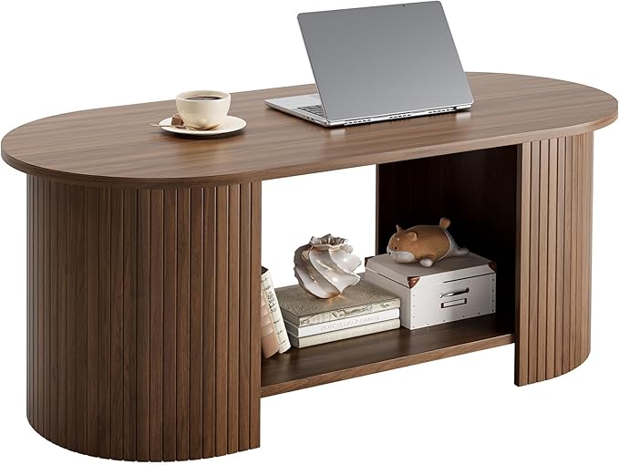 Oval Fluted Coffee Table, 2-Tier Center Table with Large Storage, Mid-Century Modern Wood Coffees Table for Living Room, Home Office, Small Space, Walnut