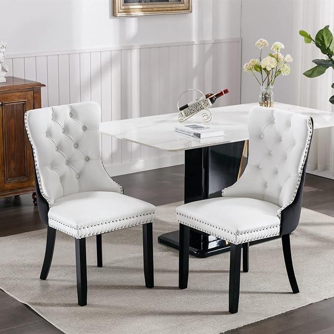 PU and Velvet Upholstered Dining Chair with Wood Legs Nailhead Trim 2-Pcs Set,Modern Side Chair W/Button Back Ring for Kitchen,White+Black