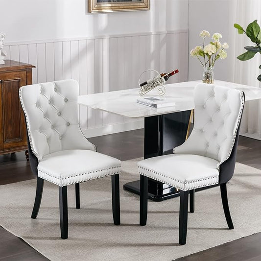 PU and Velvet Upholstered Dining Chair with Wood Legs Nailhead Trim 2-Pcs Set,Modern Side Chair W/Button Back Ring for Kitchen,White+Black