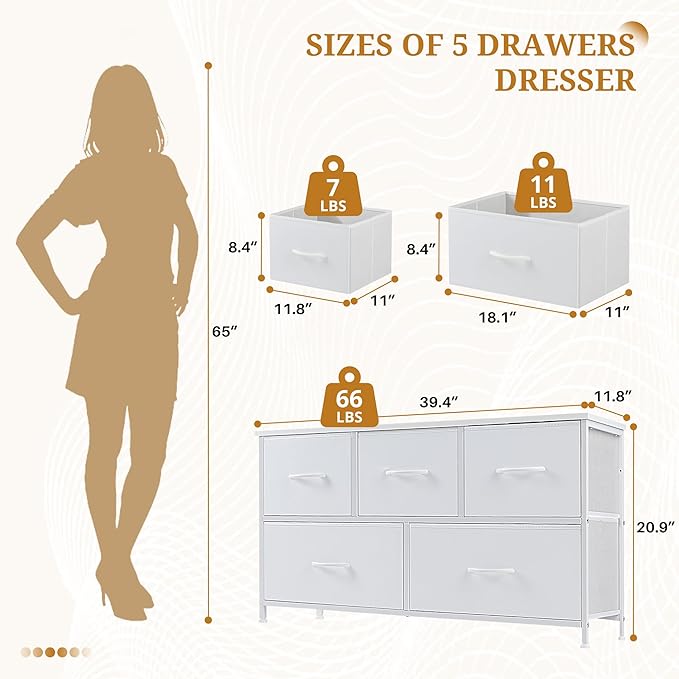 Dresser with 5 Drawers for Bedroom, Fabric Clothes Cabinet for Closet, Anti-Tip TV Stand for 45" TV, Storage Dresser with Metal Frame for Living Room, Entryway, Dorm, White