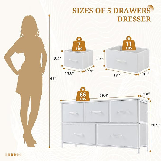 Dresser with 5 Drawers for Bedroom, Fabric Clothes Cabinet for Closet, Anti-Tip TV Stand for 45" TV, Storage Dresser with Metal Frame for Living Room, Entryway, Dorm, White