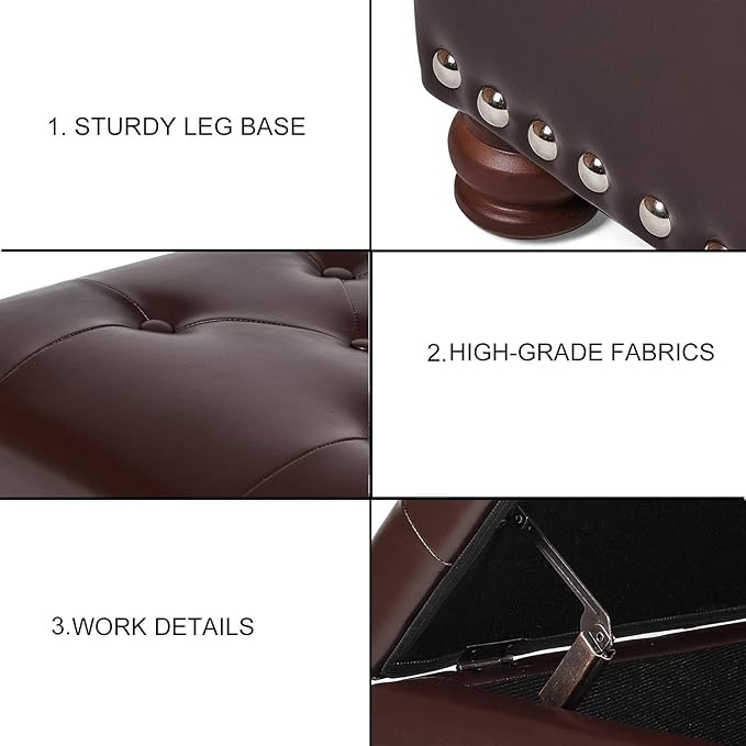 Adeco Button Tufted Accents Rectangular PU Leather Storage Bench Ottoman Footstool for Living Room Bedroom