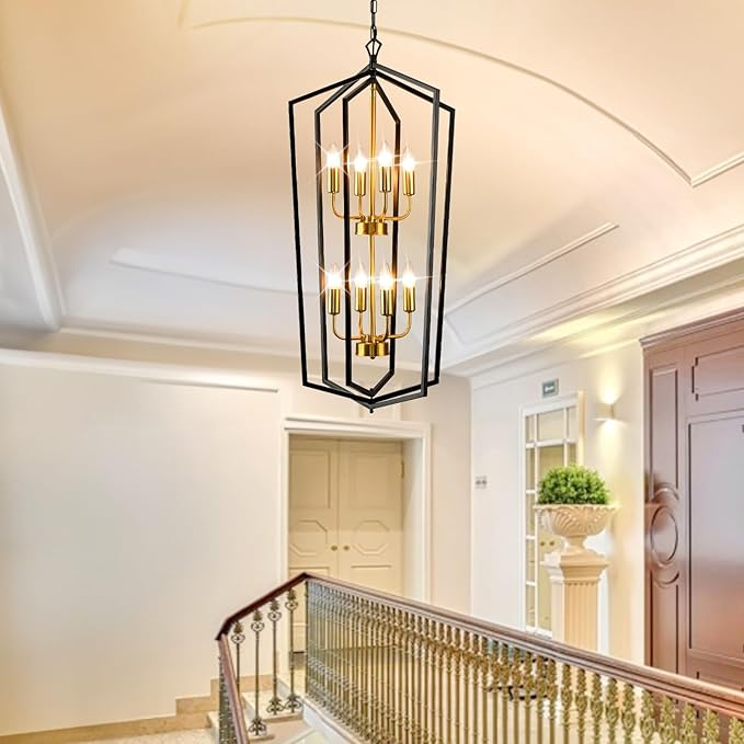 WJShome 8-Light Lantern Tiered Pendant Light Fixtures, Black and Gold Farmhouse Chandelier, Foyer Chandeliers for High Ceilings, for Dining Room, Living Room, Entryway, Staircase