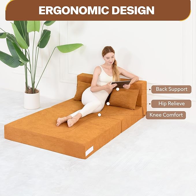 Fvkind Folding Sofa Bed, 4 in 1 Convertible Sleeper Sofa Bed Chair with Pillow, Twin Memory Foam Loveseat Futon Sleeper Chair, Foldable Futon Couch for Living Room, Bedroom, Guest Room, Yellow
