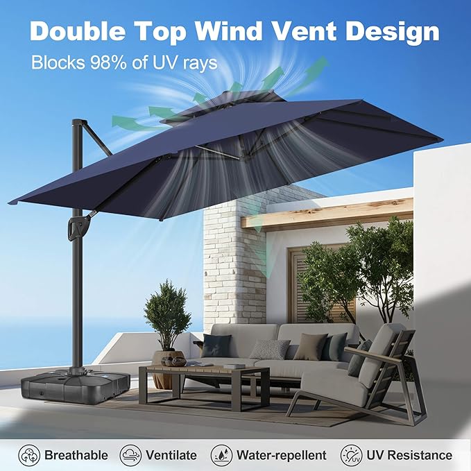 FLAME&SHADE 8.2 X 8.2 FT Cantilever Patio Umbrella - Large Offset Umbrella Outdoor Patio with 360-Degree Rotation and 3-Year Fade Resistance Fabric for Deck Pool Backyard Garden, Dark Blue