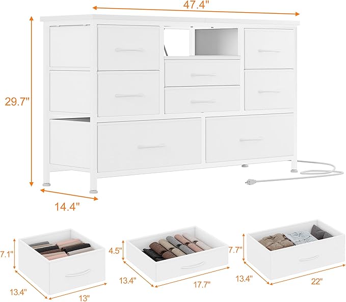 Jojoka 8 Dresser TV Stand with Power Outlet & LED for 55'' TV, Long Dresser for Bedroom with 8 Deep Drawers, Wide Console Table for Storage in Closet, Living Room, Entryway, Wood Top (White)