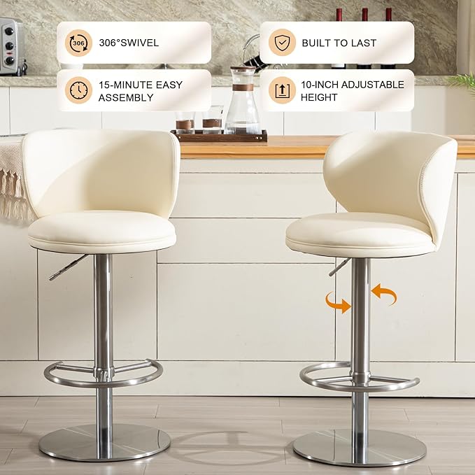 Stainless Steel Bar Stools,Grade Modern Leather Bar Chair with Backrest,Swivel Adjustable Height for Kitchen Counter and Dining Room (White Leather-1pc)