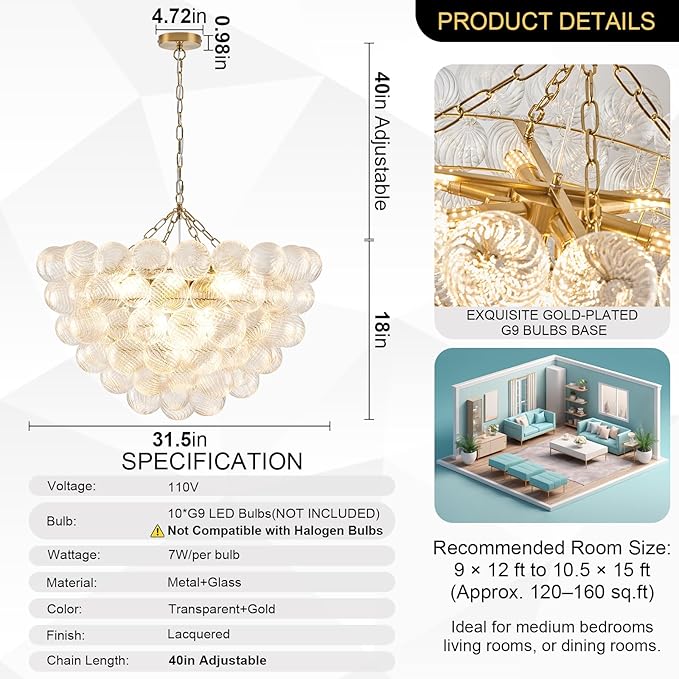 Bubble Chandelier for Dining Room, Dia 31.5" Gild Gold Brass Chandelier 10-Light Clear Ball Hand Blown Glass Chandeliers for Living Room Entryway Round Cluster Globe Chandeliers (G9 LED Base)