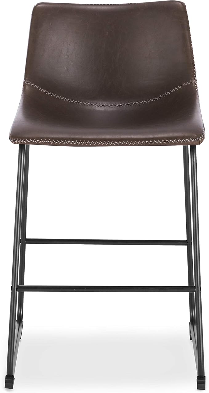 POLY & BARK Brinley Counter Stool Set of 3 – Modern Armless Counter-Height Stools with Gently Curved Backrest and Wood Legs – Brown – Faux Leather Seating for Kitchen Island or Breakfast Bar