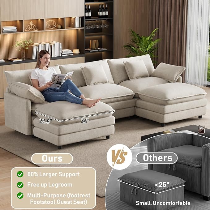 114" U Shaped Cloud Couch Sectionals Oversized Sectional Couches for Living Room Modular Couch, Large Velvet Cloud Sofa with Movable Ottoman, Beige