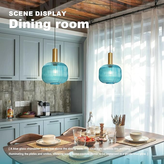 Hanging Pendant Light Plug in, 2 Pack Blue Ribbed Glass Pendant Lighting with Plug in Cord, Mid Century Modern Gold Plug in Hanging Light Fixtures for Kitchen Island Dining Room Bedroom