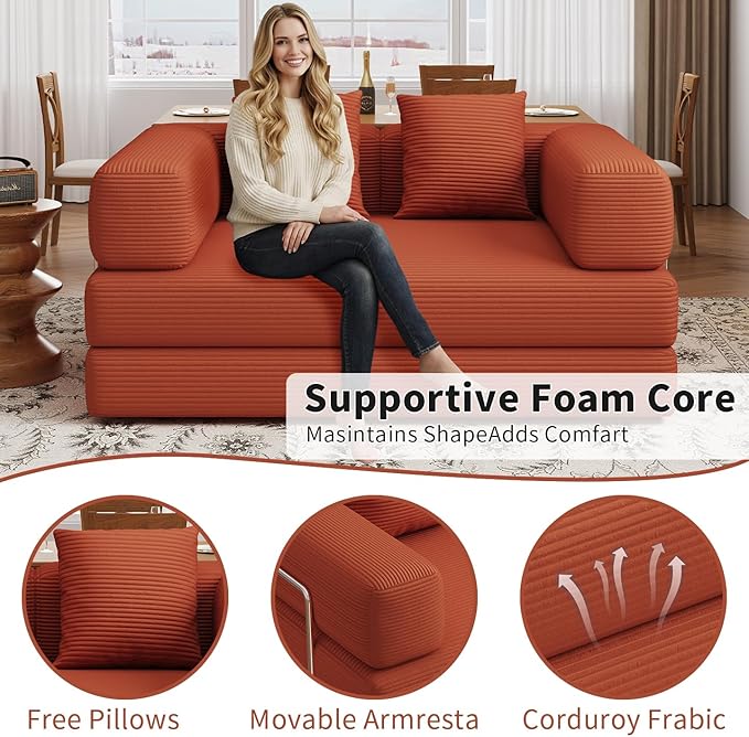 BSHOMGI Folding Sofa Bed, 4 in 1 Convertible Sofas to Lounger Comfy Single Bean Bag Chair Floor Portable Foldable Sleeper Lazy Futon Couch Chair for Bedroom, Living Room (Orange, 53.15" Double Sofa)