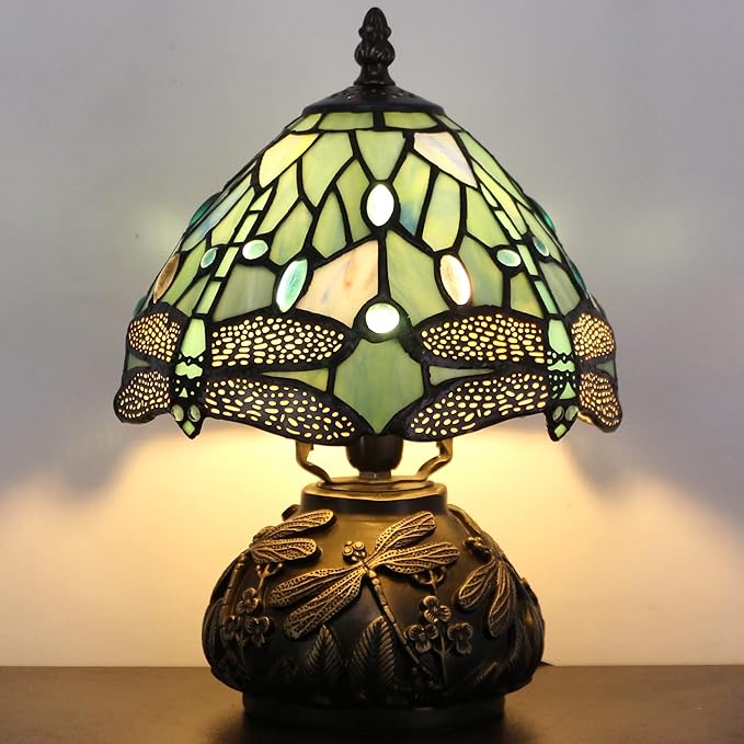 Small Tiffany Lamp Mini Stained Glass Table Lamp Sea Blue Dragonfly Style Mushroom Desk Light Memory Sympathy Lamp 8X11 Inch