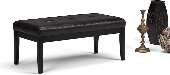 SIMPLIHOME Lacey Tufted Ottoman Bench - 41 inch Wide Upholstered Vegan Leather Rectangle Ottoman in Distressed Black, Contemporary Bench for Bedroom or Entryway with Stitching Detail, Assembled
