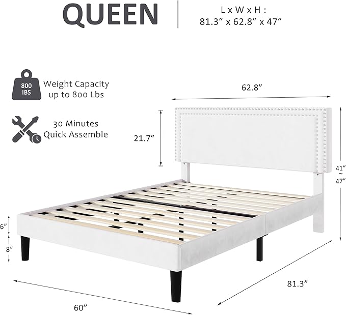 VECELO Queen Bed Frame with Adjustable Upholstered Headboard, Wooden Slats Platform, Noise-Free Design, Easy Assembly