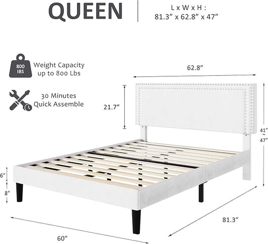 VECELO Queen Bed Frame with Adjustable Upholstered Headboard, Wooden Slats Platform, Noise-Free Design, Easy Assembly