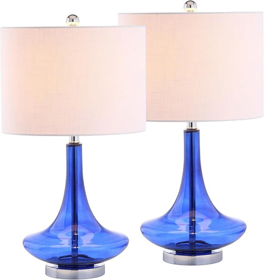 JONATHAN Y 25.5" Cobalt/Chrome Glass Teardrop Table Lamp Set of 2 for Bedroom, Modern Bedside Lamps for Living Room, White Linen Drum Shade, LED Bulbs Included (JYL1081D-SET2)