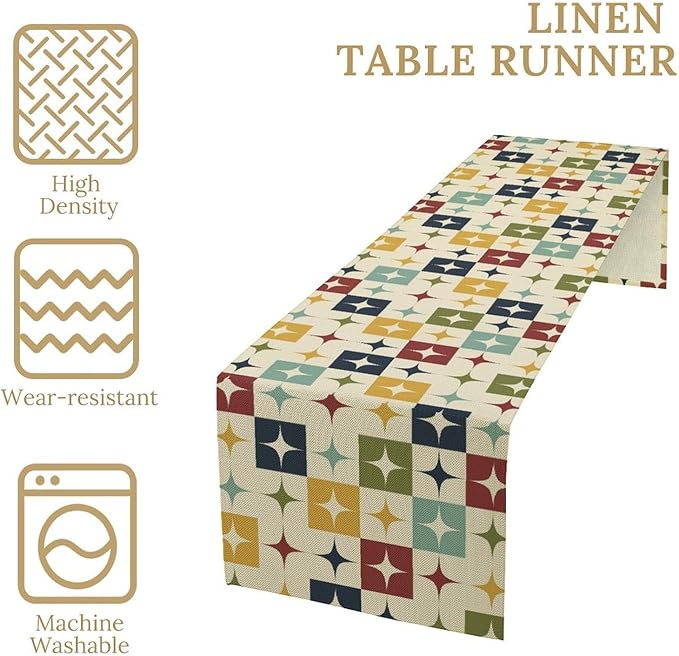 Mid Century Modern Table Runner Abstract Geometric Diamond Atomic Star Retro 1950S Dining Table Ruuner Home Kitchen Party Living Room Table Decoration 13x120in