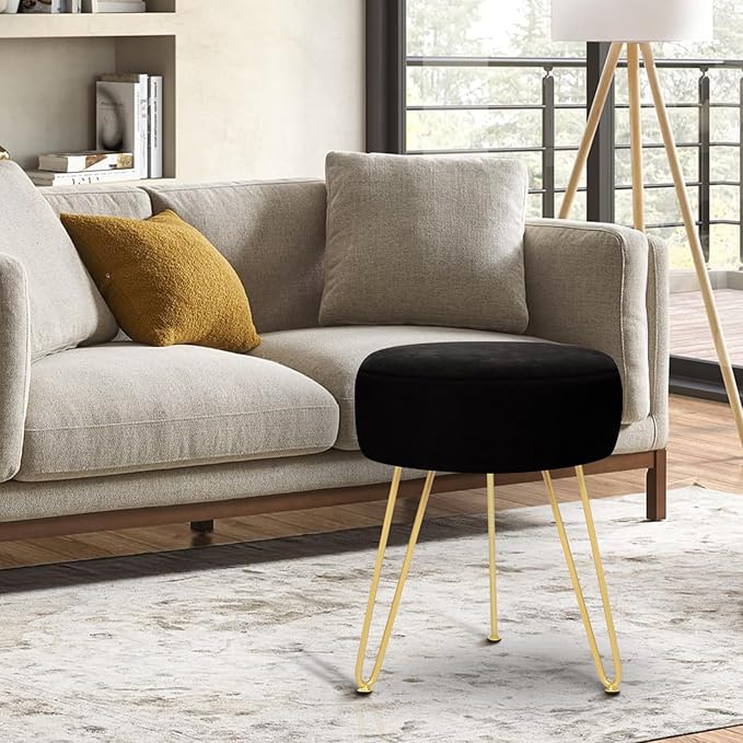 Velvet Soft Modern Vanity Footstool -Round Footrest Stool Ottoman Side Table Seat Dressing with Golden Metal Leg and Sponge Filling,Upholstered Foot Rest, for Living Room and Bedroom Black