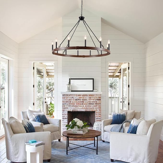 Wagon Wheel Chandelier 37.4 inch, 12-Light Farmhouse Wagon Wheel Chandelier with Dark Wood Grain Finish, Round Industrial Farmhouse Chandeliers for High Ceilings Living Dining Room Foyer Outdoor Porch