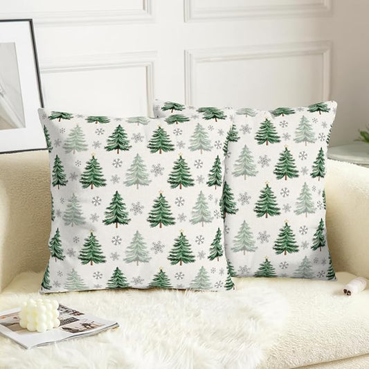 Christmas Tree Pillow Covers 24x24 Set of 2 Green Xmas Outdoor Decorative Throw Pillow Cases Neutral Rustic Nature Forest Winter Snowflake Pillowcases for Farmhouse Living Room Decor