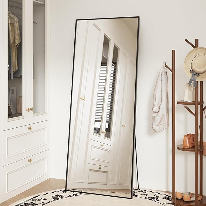 DUMOS Full Length Mirror with Stand 56"x21" Floor Standing Aluminum Frame for Bedroom Body Hanging Leaning Modern Simple Home Decor Shatter-proorf Nano Glass Wall Living Room Cloakroom, Black