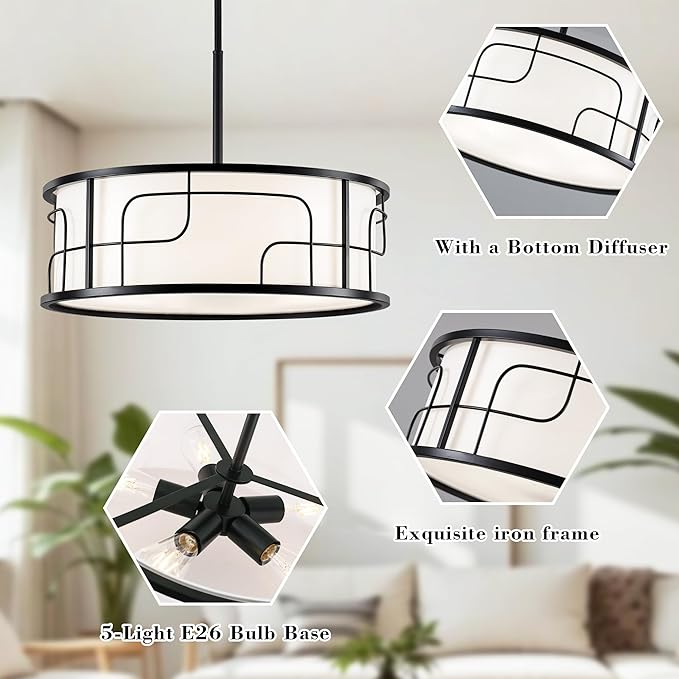 19.68" Drum Pendant Light - Black and White Linear Design Adjustable Chandelier for Dining Room, Kitchen Island, Living Room, Foyer (5 Lights)