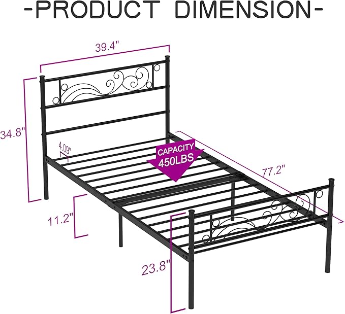 Weehom Metal Twin Bed Platform Frame Heavy Duty Steel Slat Under Bed Storage Bed Frame with Headboard, Black
