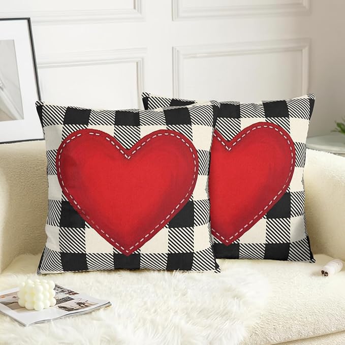 Valentines Outdoor Pillow Covers 24x24 Set of 2 Red Love Heart Throw Pillow Cover Black and White Buffalo Plaids Valentine Decorative Pillow Case for Bed Couch Sofa