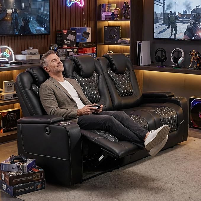 ANJ Power Recliner Sofa Set, Faux Leather Reclining Couch Sets for Living Room, Included 2PC 3 Seat Recliner Sofa with USB Ports and Cup Holders,Hidden Arm Storage, Black