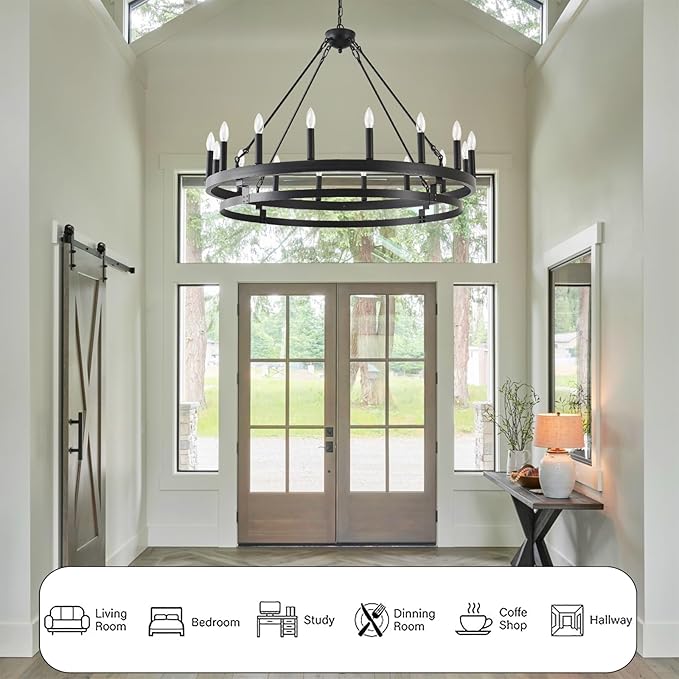 40 inch Black Wagon Wheel Chandelier,Farmhouse Industrial Country Style Round Pendant Light Fixture,Round Ceiling Light fixtures for Outdoor Porch high Ceilings Living Dining Room Foyer Entryway