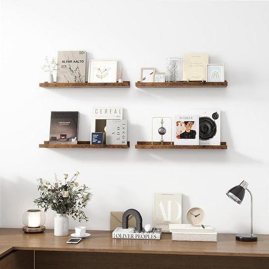 Picture Ledge Shelf, Wood Floating Shelves Set of 4, 24 inch Picture Ledge Shelves, Photo Ledge Nursery Book Shelves Wall Mounted for Living Room Kids' Room Bedroom, Color Brown
