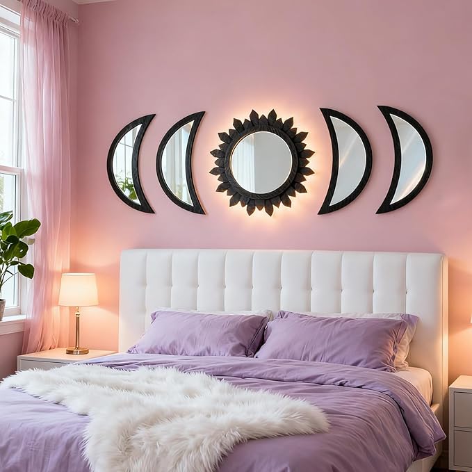 5 Pieces Moon Phase Mirror Wall-Mounted Wall Decor Mirrors Natural Wooden Sunburst Bohemian Wall Art for Home Living Room Bedroom Decoration