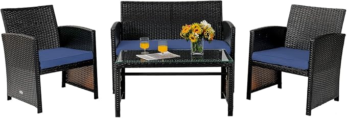 Tangkula 4 Pieces Rattan Furniture Set, Outdoor Conversation Set w/Chair & Loveseat & Tempered Glass Coffee Table, Suitable for Garden, Backyard, Poolside, Patio Furniture Set for 4 (1, Blue)