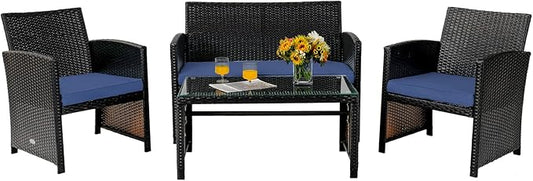 Tangkula 4 Pieces Rattan Furniture Set, Outdoor Conversation Set w/Chair & Loveseat & Tempered Glass Coffee Table, Suitable for Garden, Backyard, Poolside, Patio Furniture Set for 4 (1, Blue)