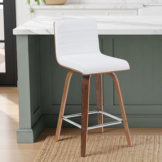 Vienna Modern Counter Height Swivel Bar Stool with Snow White Faux Leather Seat and Walnut Finished Wood Frame Set of 3