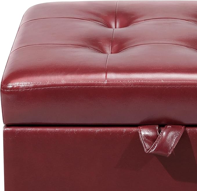 Adeco Faux Leather Storage Ottoman, 17.5" Square Cube Footstool for Living Room & Bedroom, Tufted Vanity Stool with Hinged Lid and Solid Wood Legs, Red