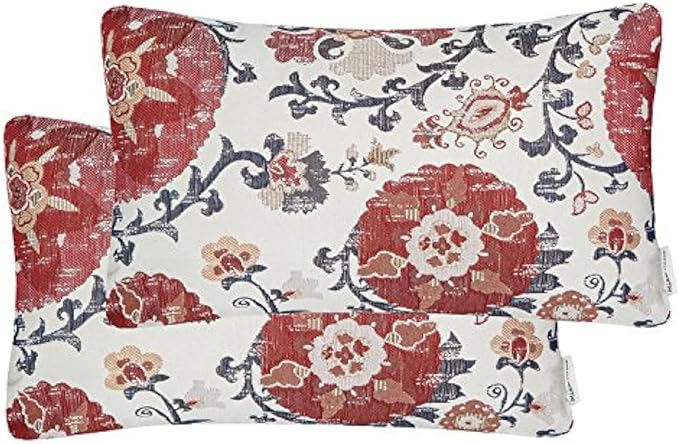 Mika Home Pack of 2 Jacquard Circle Floral Rectangle Throw Pillow Covers Oblong Pillow Cases for 12X20 Inserts Cream Red