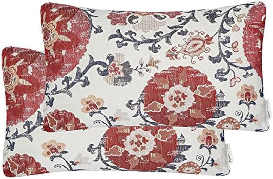 Mika Home Pack of 2 Jacquard Circle Floral Rectangle Throw Pillow Covers Oblong Pillow Cases for 12X20 Inserts Cream Red