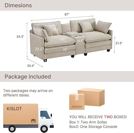 KISLOT 74.4" Oversized Modular Sectional Sofa with Storage Console,Loveseat Cloud Couch with Deep Seat & Thick Cushions, Multi Functional Console with USB and 2 Cup Holder,Sofa Set for Living Room | Wood Frame