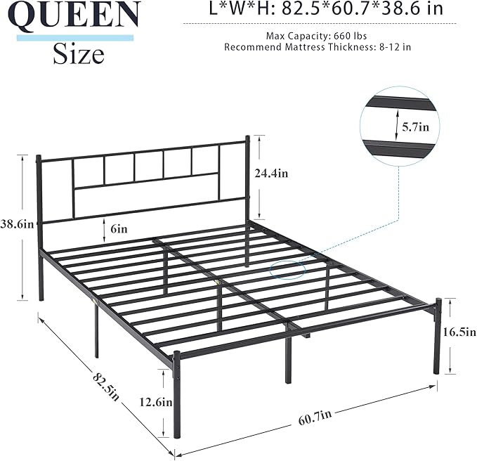 VECELO Queen Metal Platform Bed Frame with Headboard, Heavy Duty Steel Slat Support, Under Bed Storage,No Box Spring Needed, Easy Assembly