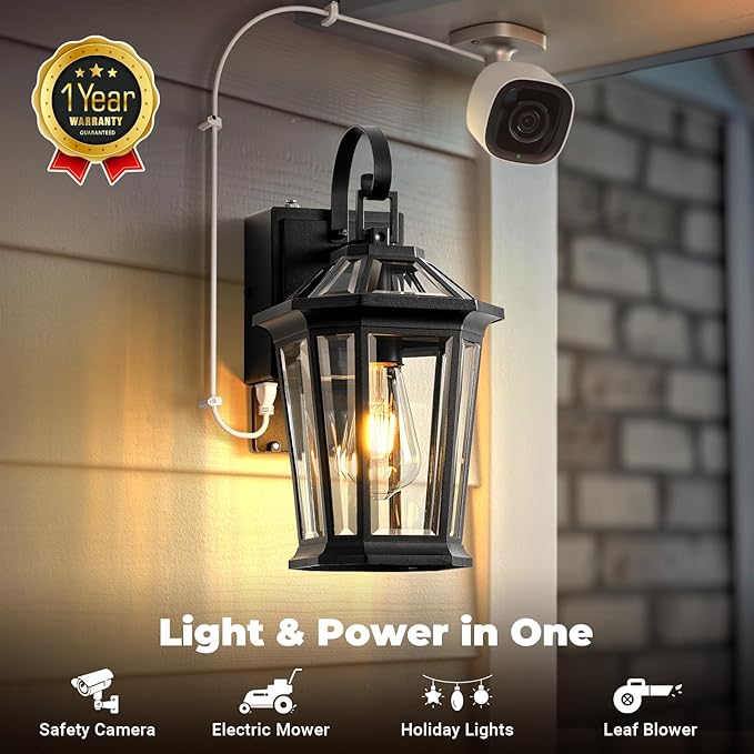 Black Dusk to Dawn Outdoor Light with GFCI Outlet, Modern Porch Lights Outdoor with Tempered Glass, Waterproof Anti-Rust Exterior Lighting Fixtures, Outside Wall Lights for Front Door,Garage,Backyard