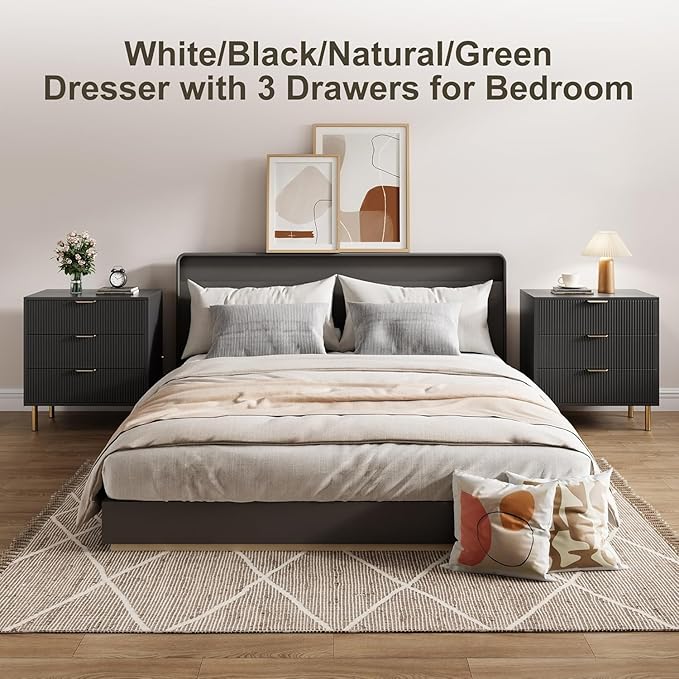 IDEALHOUSE Black Dresser, Modern 3 Drawer Dresser for Bedroom with Gold Handle and Large Drawer, Wood Double Chest of Drawers and Storage Organizer for Living Room, Hallway, Entryway